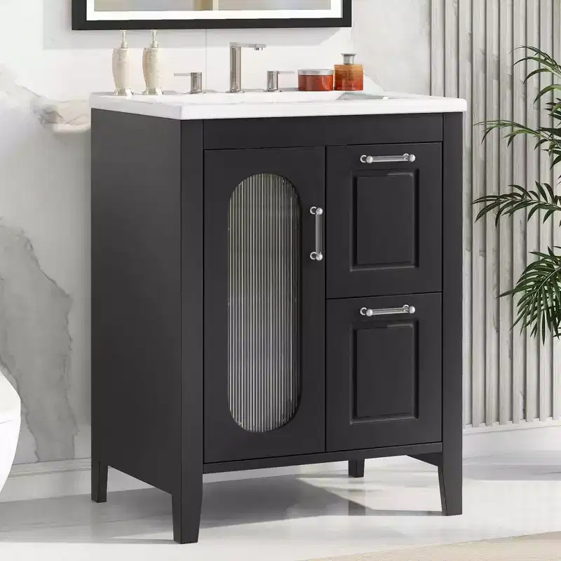 MAYEERTY 24 Bathroom Vanity with Sink 2 Drawers 1 Door Adjustable Shelf Solid Wood MDF Black