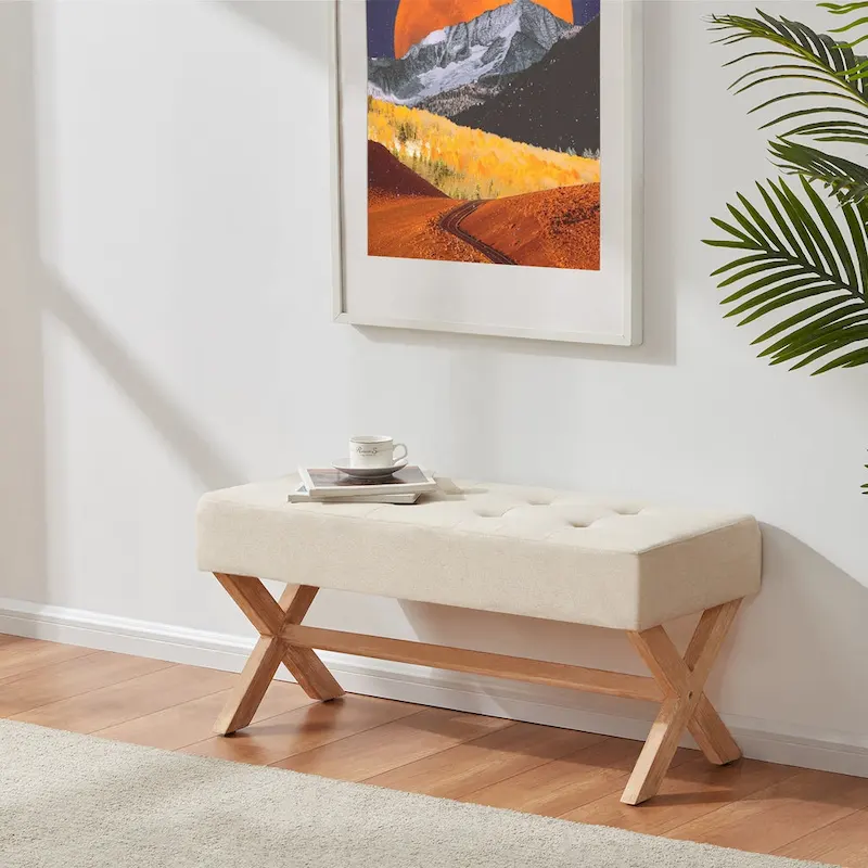 Fabric Entryway Bench Beige/ Grey/ White Upholstered Bench with X-Shaped Legs, 35-inch