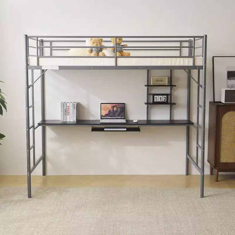 Karl Home Twin Size Metal Loft Bed with Desk And Storage Shelves, 2 Built-In Ladders