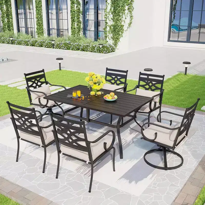 Captiva Designs 7pc Outdoor Dining Set with 2 Swivel Chairs & Metal Table with Umbrella Hole: Weather-Resistant, Fade-Resistant Patio Dining Set