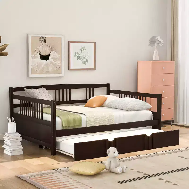 Full Size Wooden Daybed with Trundle, Extendable Solid Wood Daybed Frame with Pull-Out Trundle