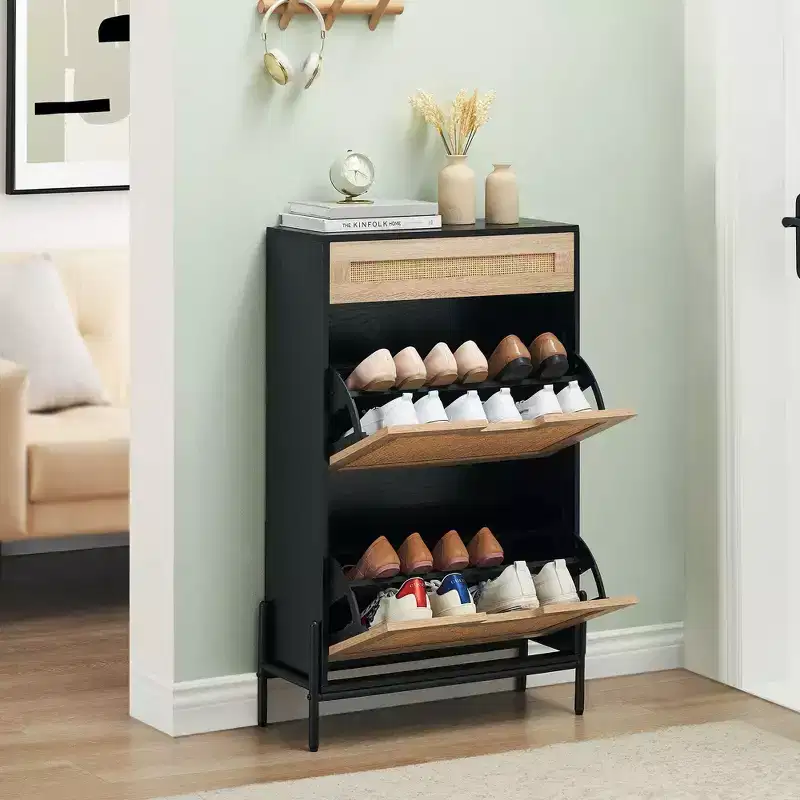 Natural Rattan Shoe Cabinet, 2 Flip Door Shoe Rack with Drawer, Freestanding Shoe Organizer with Adjustable Shelf for Hallway, Entryway