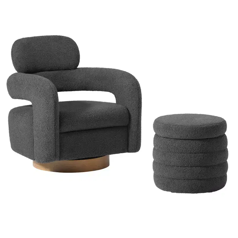 WestinTrends Alexandria Mid-Century Modern Faux Shearling Swivel Barrel Accent Chair With Storage Ottoman