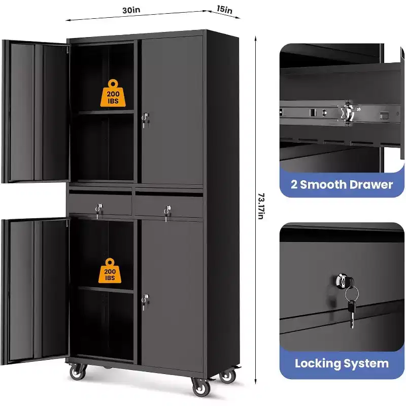 Garage Storage Cabinet, 73 Inch Metal with 2 Drawers, Heavy Duty Tool Cabinet with Locking Doors and Adjustable Shelves