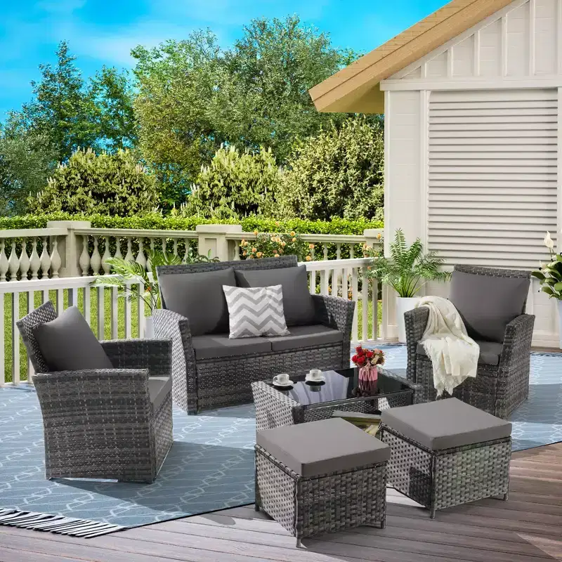 6 Piece Wicker Patio Furniture Sets with Ottoman and Tempered Glass Coffee Table