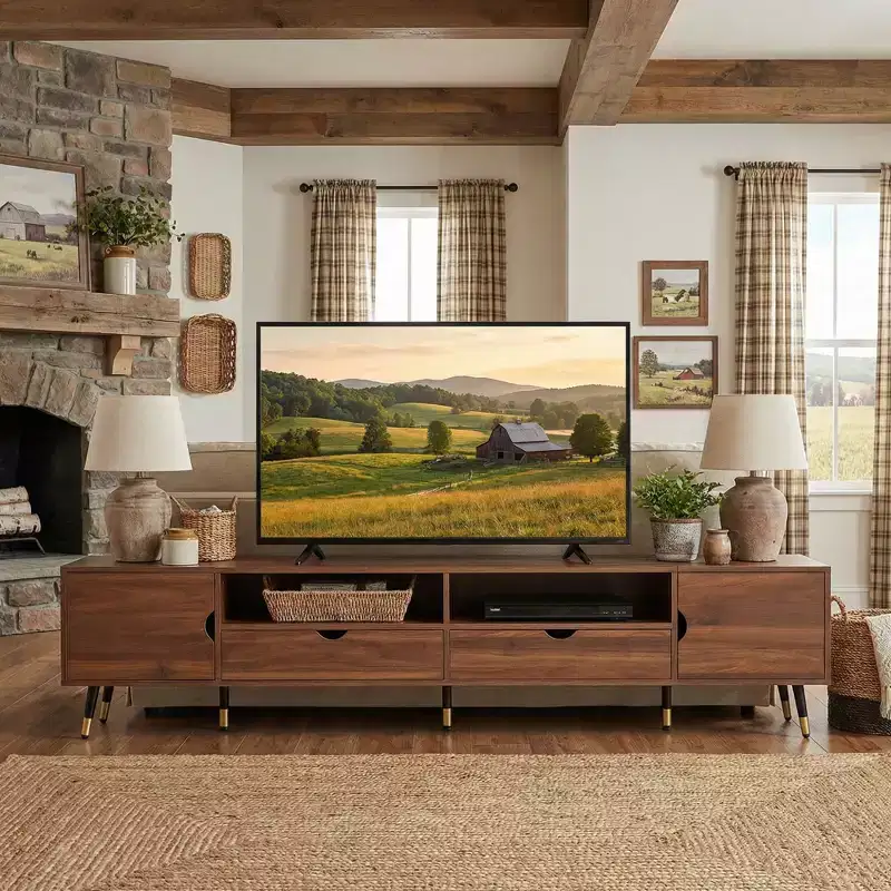 78.7'' Walnut Media Console, Mid-Century Modern TV Stand, Suitable for TVs Under 85 Inches, Featuring Drawers, Open Shelving, for Living Room
