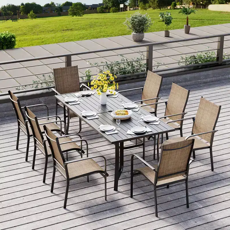 EROMMY 9 Piece Patio Dining Set, Outdoor Dining Table And Chairs Set For 8, 8 Textilene Chairs, 1 Iron Rectangular Table With Adjustable Umbrella Hole