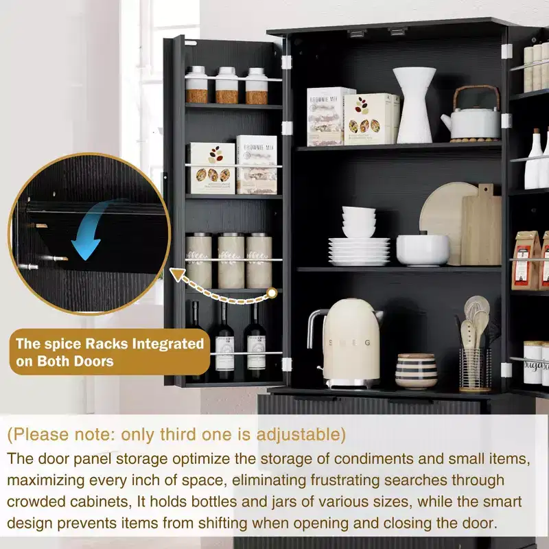 Black/White Fluted Double-Door Kitchen Pantry Cabinet with 2 Drawers