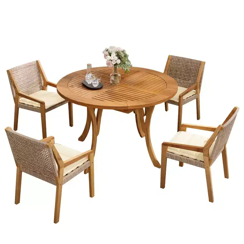 NAYSAYE Patio Dining Sets Outdoor Acacia Wood Table with Wicker Chairs and Cushions for Garden Patio, Teak, 23.5*21.25*32