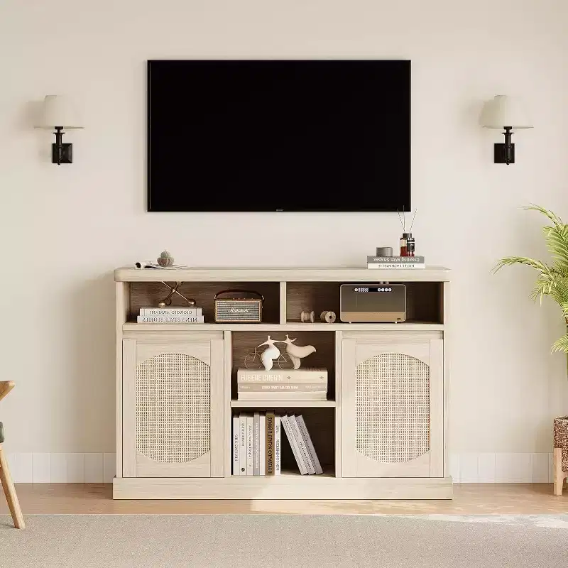 2-Door Rattan Decorated Sideboard Buffet Cabinet with Adjustable Shelves