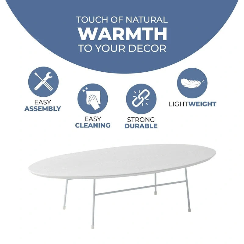 Modern Oval Accent Coffee Table with Powder-Coated Steel Frame for Living Room, Bedroom & Home Office