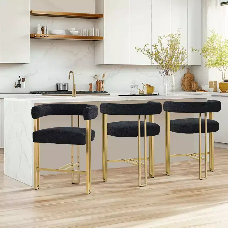 Set of 3 Counter Height Bar Stools with Backs and Arms, Modern Chenille Upholstered Kitchen Island Chairs with Gold Metal Legs - Panipeachy