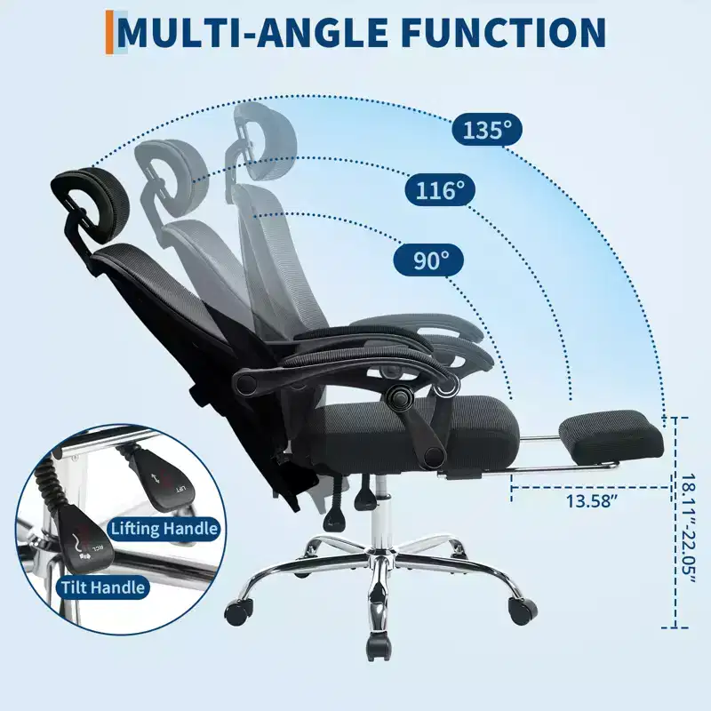 Acekool Ergonomic Mesh Reclining Chair with Footrest, Adjustable Lumbar & Headrest, for Home Office Gaming Room