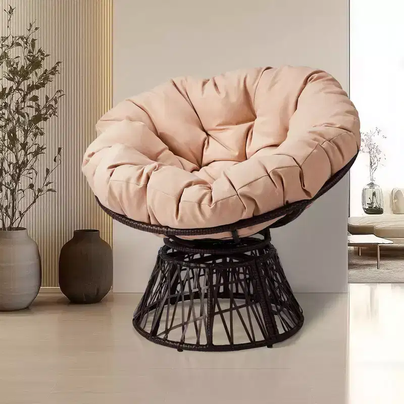 Karl Home | Brown Wicker Swivel Accent Chair With Beige Cushion