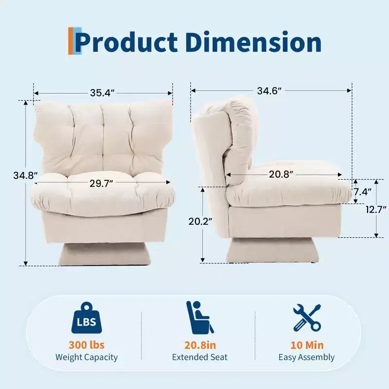 Chenille Swivel Accent Chair,360Comfy Modern Sofa Chair with Oversize Base,20.8in Extended Seat,300Lb Max Load Accent Chair for Living Room