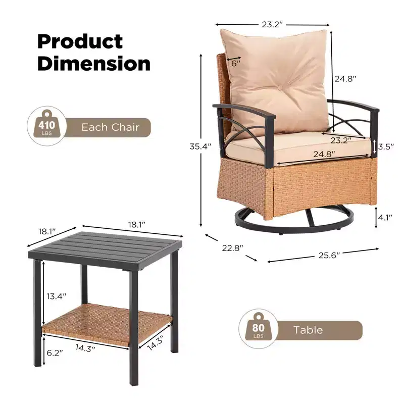 EROMMY 3 Pieces Patio Swivel Rocker Rattan Chairs,Outdoor Swivel Rocking Chairs with 1 Rattan Coffee Table,Perfect for Porch,Garden,and Lawn