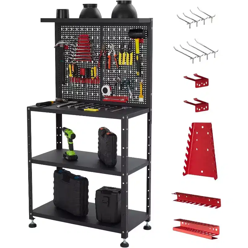 COZONY 32 Heavy Duty Steel Workbench  Space Saving Tool Storage Cabinet with Pegboard, Adjustable Height, Hooks, 2-Tier Shelves, 650 lbs Capacity