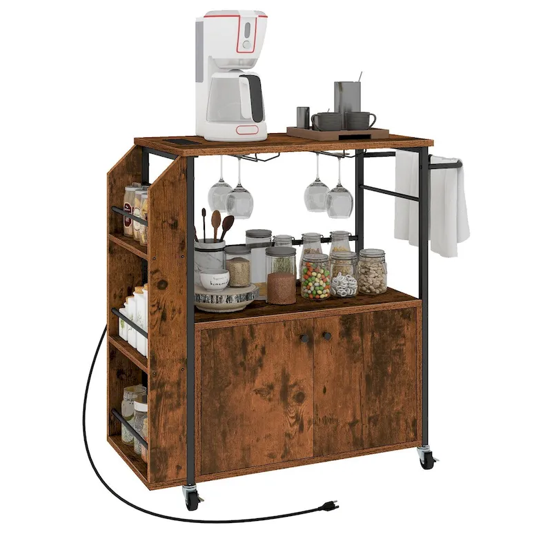 Rolling Portable Kitchen Island Cart With Storage Shelf & Power Outlet