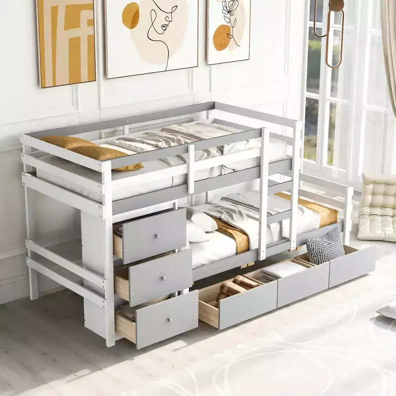 Twin over Twin Wooden Bunk Bed Frame with Drawers and Ladder -ModernLuxe
