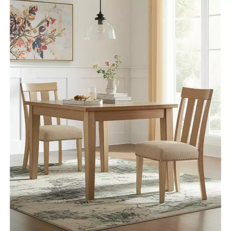 Set of Two Natural and Brown Upholstered Fabric And Solid Wood Slat Back Dining Side Chairs