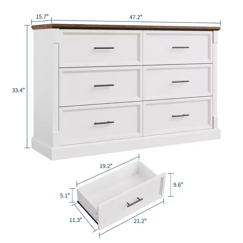 Farmhouse 6 Drawer Dresser, Wood Chest of Drawers, Modern Double Dresser Storage Cabinet, for Bedroom, Living Room
