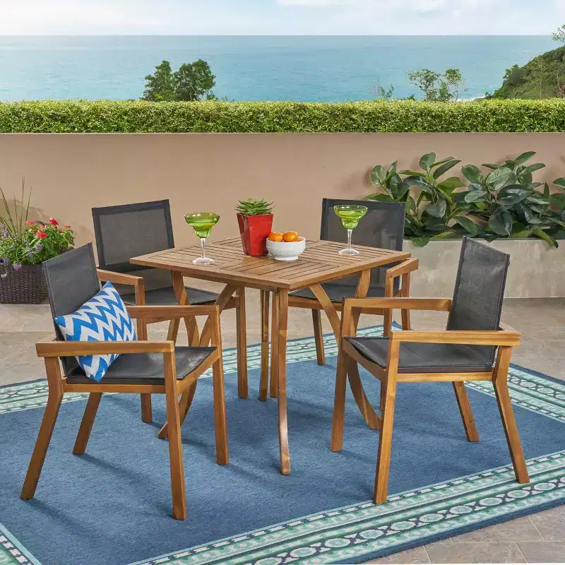 Chaucer 5pc Acacia and Mesh Dining Set - Teak/Black - Christopher Knight Home: Weather-Resistant, Square Table
