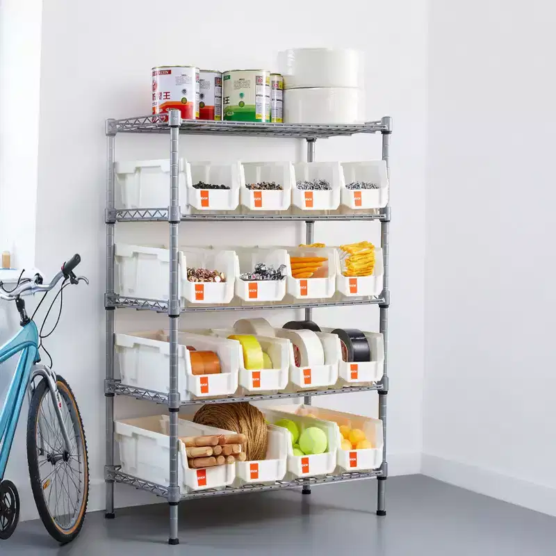 5-Tier Rolling Bin Storage Rack, 16 Organizer Bins, Bin Rack Storage Steel Wire Shelving System with Wheels, Mobile Tool Organizer,Silver+White
