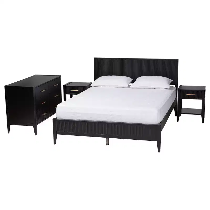 Baxton Studio Primrose Mid-Century Black Fluted Wood 4-Piece Bedroom Set