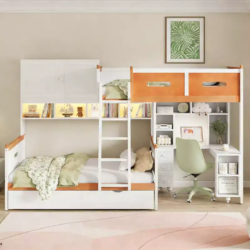 Luxystar Twin Over Full Storage Bunk Bed With Desk, Drawers, Lighted Bookcase and Cabinet, White+Orange