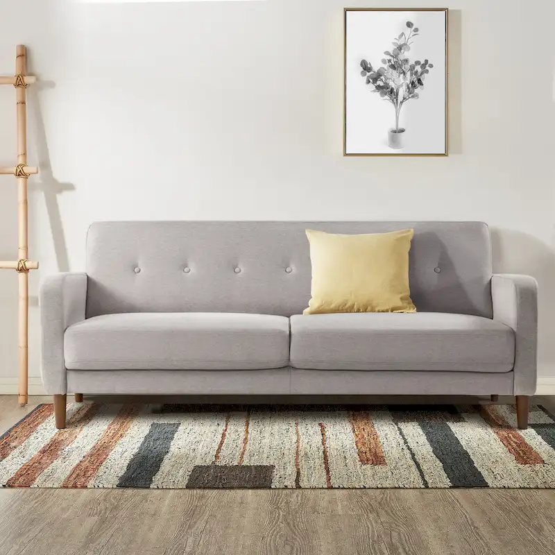 Tufted Linen Sofa with Armrest Pockets & Eucalyptus Wood Frame, High-Density Foam, 73