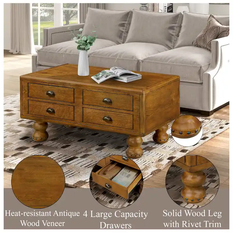 Solid Wood Rectangle Coffee Table with 4 Drawers