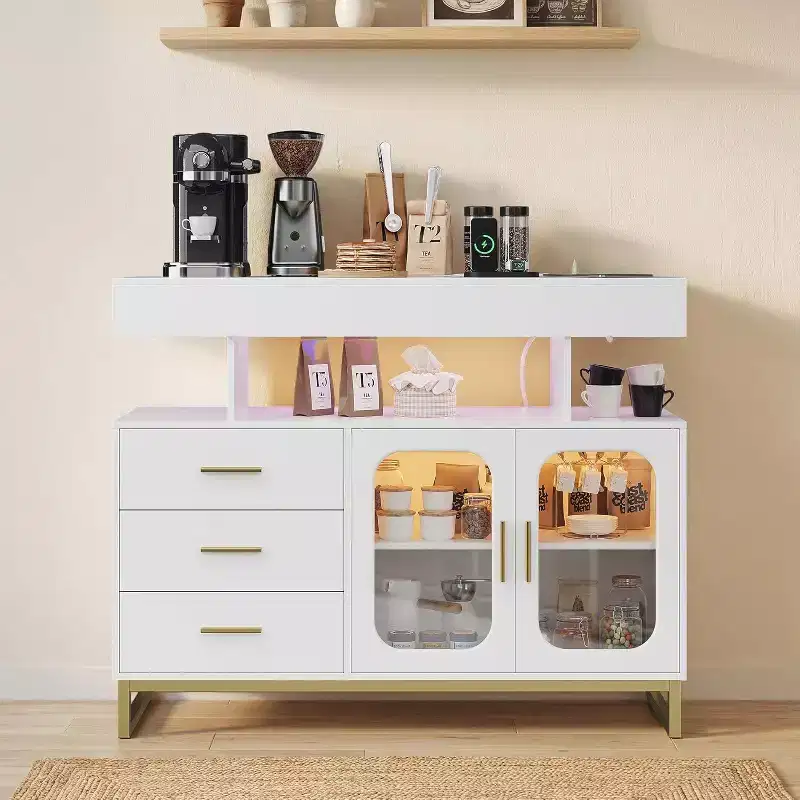 Modern Sideboard with Auto-Sensor RGB LED Lights & Charging Station, 40 Buffet Cabinet Coffee Bar Table with 3 Drawers & 2 Doors