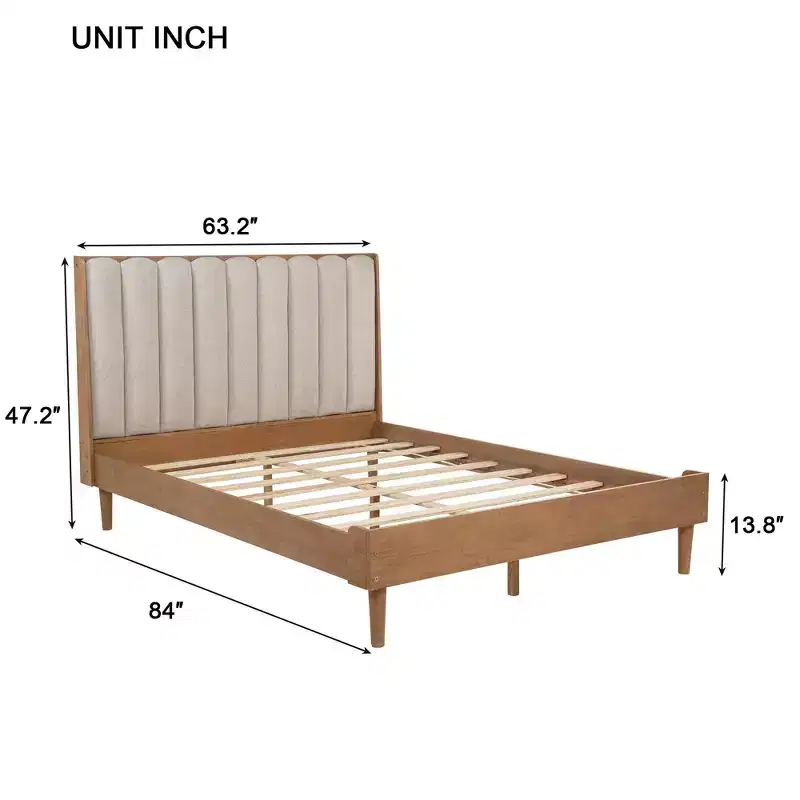 Queen Size Wood Bed with Piano Key Upholstered Headboard, Wheat