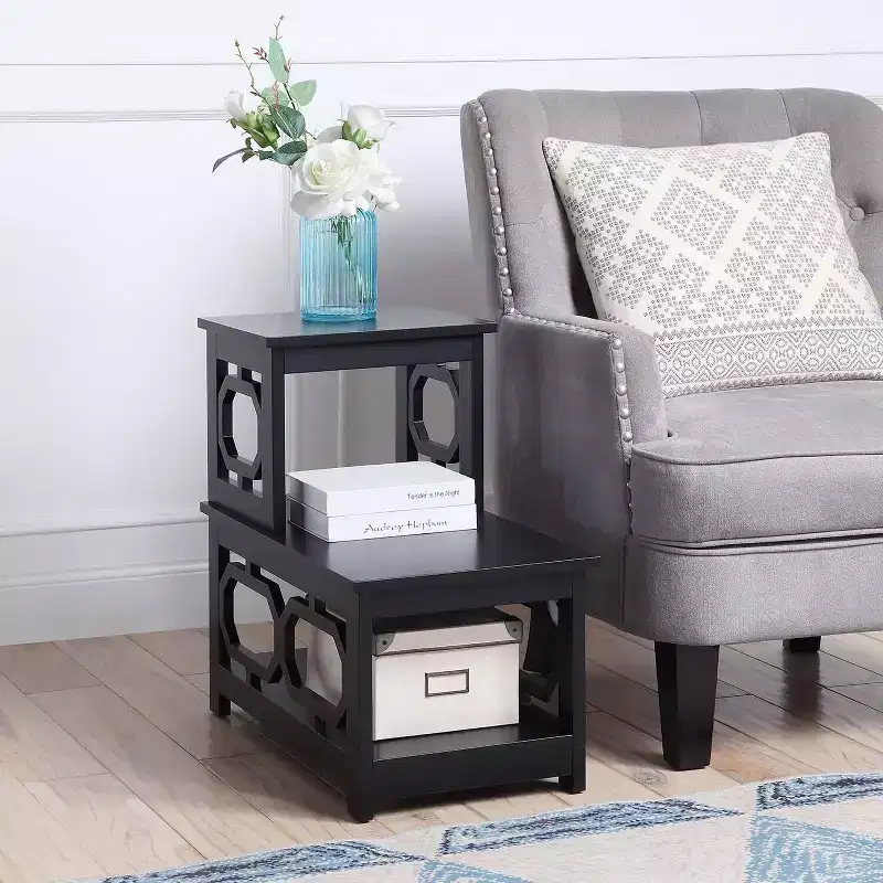 2-Step Chairside End Table with Contemporary L-Shape Design, Three-Tier Storage Shelves for Living Room or Home Office