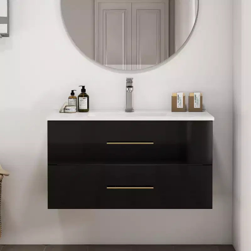 Bathroom Vanity Wall-Mounted with Sink, Double Drawers, Ceramic Sink, Long Metal Handle, Easy to Install