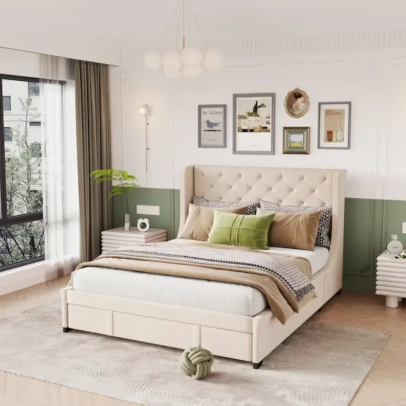 Queen Size Upholstered Platform Bed with Wingback Headboard and Storage Drawer