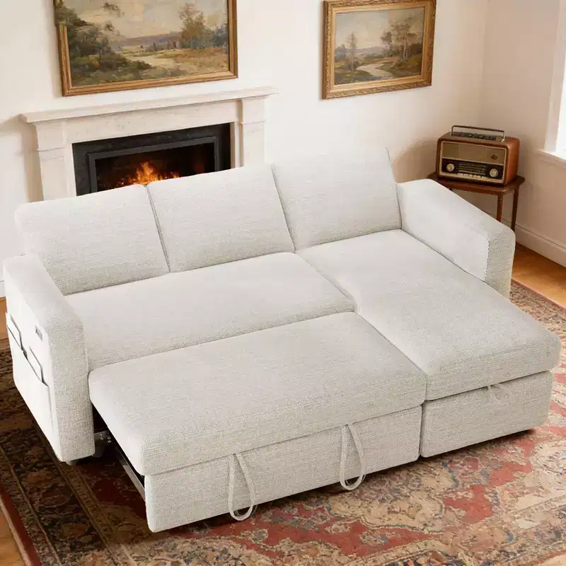Dyonery Sleeper Sofa- 2 in 1 Pull Out Couch Bed with Storage Chaise Living Room,Chenille Sectional Couch with USB Ports Tool-Free Assembly