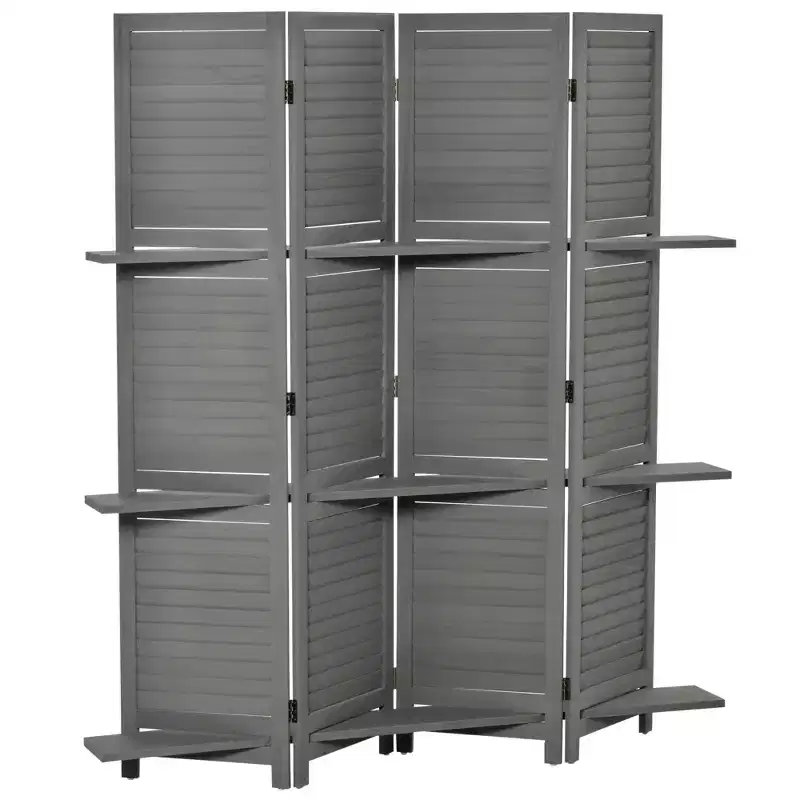 MAYEERTY 4 Panel Folding Room Divider Freestanding Paulownia Wood Privacy Screen Panel with Storage Shelves for Bedroom Office Gray