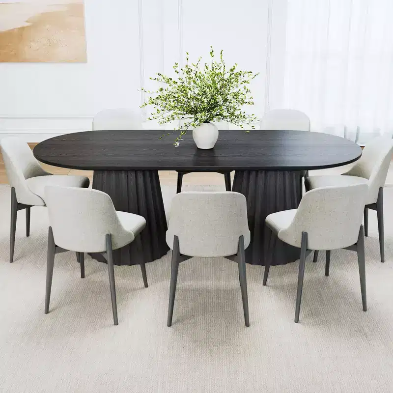 86 inch Double-base Oval Black Dining Table with 8 Dining Chairs for Dining Room / Living Room