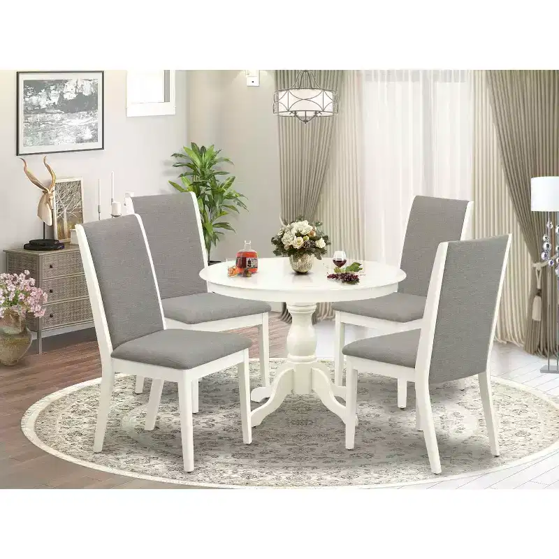 HomeStock 5-Piece Linen White Finish Solid Wood Top Dining table with 4 Chairs