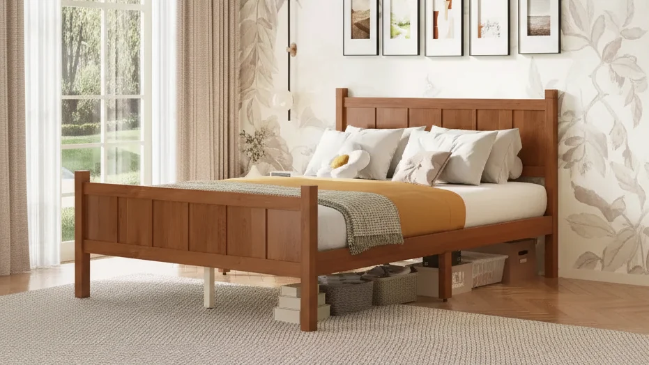 Full Flat Panel Platform Bed with Headboard and Footboard, Wood Grain Shaker Farmhouse Bed Frame, Light Walnut