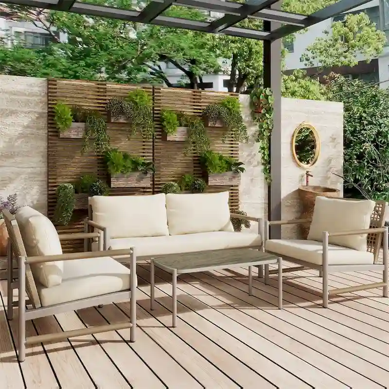 4 Pieces PE Rattan Wicker Outdoor Sofa Set w/ Washable Cushion
