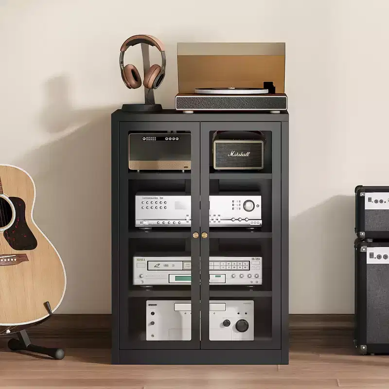Bekrvio Metal Media Cabinet, 4-Tier Stereo Cabinet with Glass Doors & Adjustable Shelves, Audio AV Rack with Cable Management