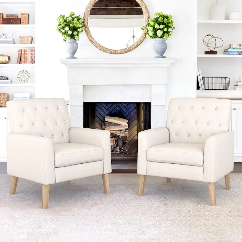 LUE BONA Mid-Century Modern Upholstered Linen Fabric Button Tufted Accent Chair Set of 2 - 28.5 W X 27.25 D X 33.75 H