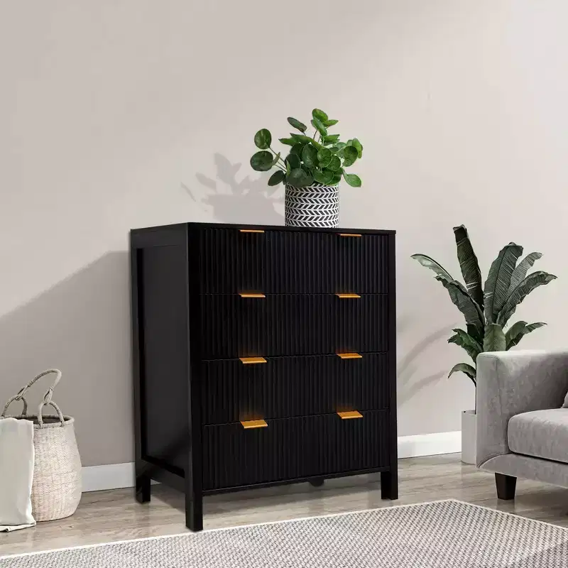 Dresser, Chest of Drawers, 4 Drawer Dresser, Waveform Fluted Panel Wood Dresser, Modern Dressers for Storage Drawers for Bedroom, Closet Living Room