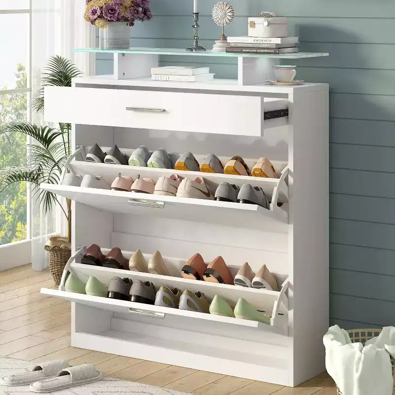Slim Entryway Storage Cabinet, Fashion Organizer with 2 Flip Drawers, Tempered Glass Top with LED Lights, White, for Hallway Corridor