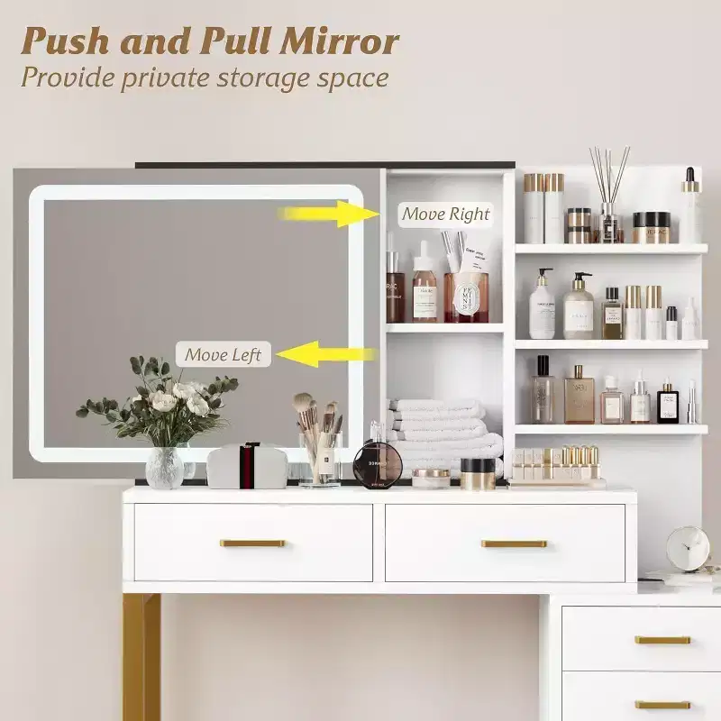 Vanity with Mirror and Light, Sliding Illuminated Mirror Makeup Table, 3 Lighting Modes, 5 Large Drawers, Suitable for Bedrooms