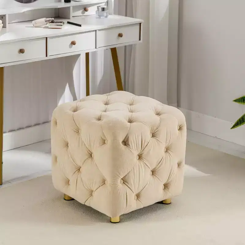 Okak Modern Velvet Upholstered Ottoman, Button-Tufted Soft Footrest Stool, Exquisite Dressing Makeup Chair for Couch Bedroom Entrance