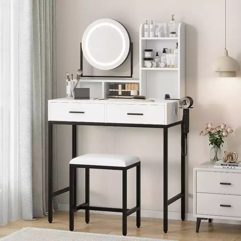 Dressing Vanity Table with Adjustable Rotating Mirror, Storage Shelves, 2 Drawers and Matching Stool