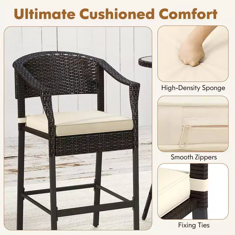 Costway 3 PCS Patio Rattan Bar Set Wicker Armchairs & Round Table with Tempered Glass Top